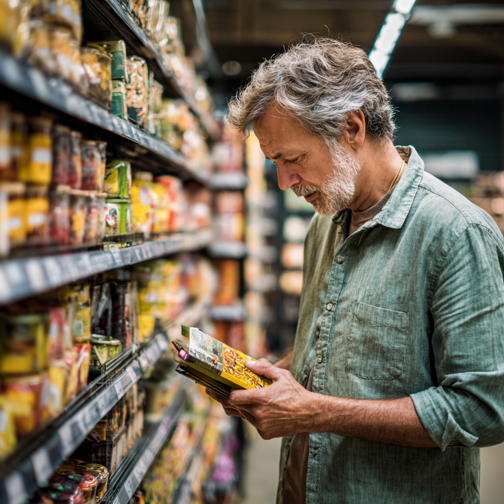 Мъж на 58 години внимателно чете етикет на продукт в супермаркет