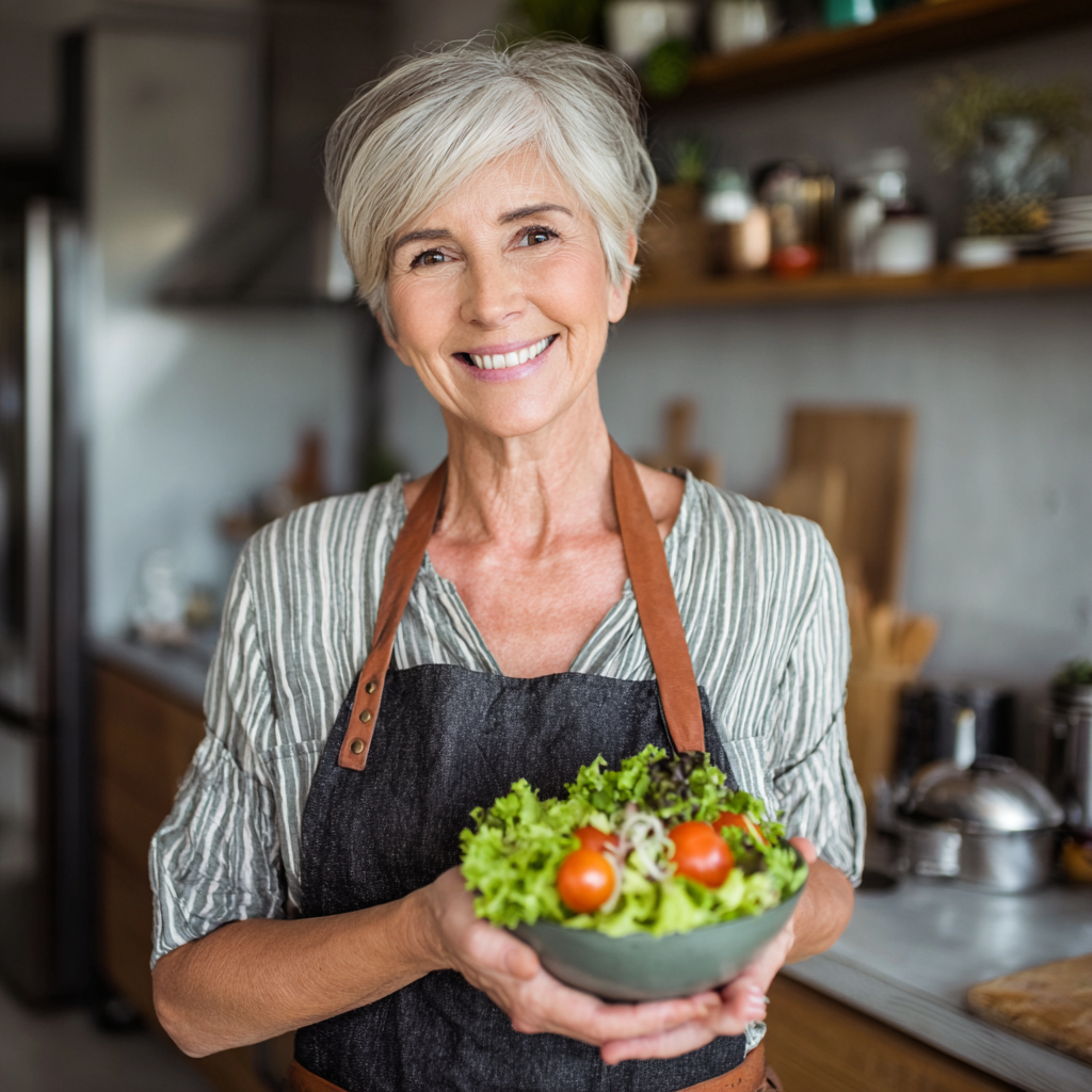 Усмихната жена на 55 години готви кетогенна храна в модерна кухня