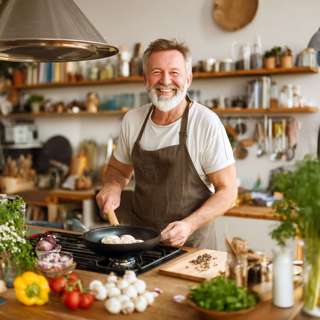 Усмихнат мъж на 60 години готви здравословна храна в добре оборудвана кухня